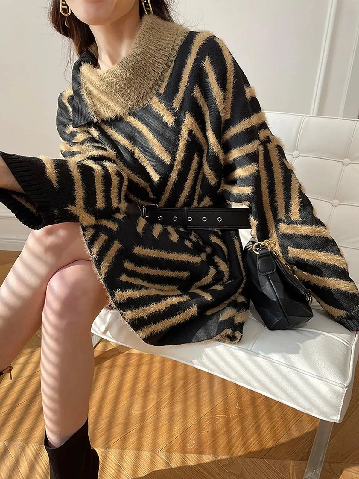 Women Faux Mink Fur Sweater Dress,Chunky sweater,Oversized sweater Dress,Coffee Striped Sweater Dress,Warm Long Sweater,Loose knitted Dress