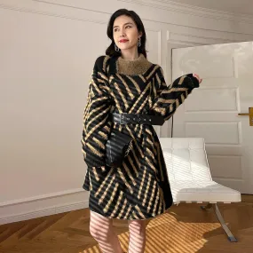 Women Faux Mink Fur Sweater Dress,Chunky sweater,Oversized sweater Dress,Coffee Striped Sweater Dress,Warm Long Sweater,Loose knitted Dress