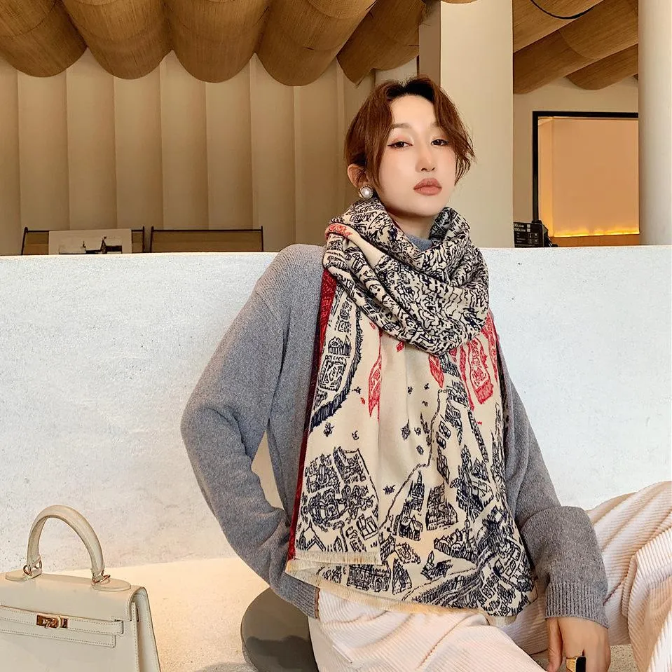 Women Spring Warm Thick Retro Mural Scarf