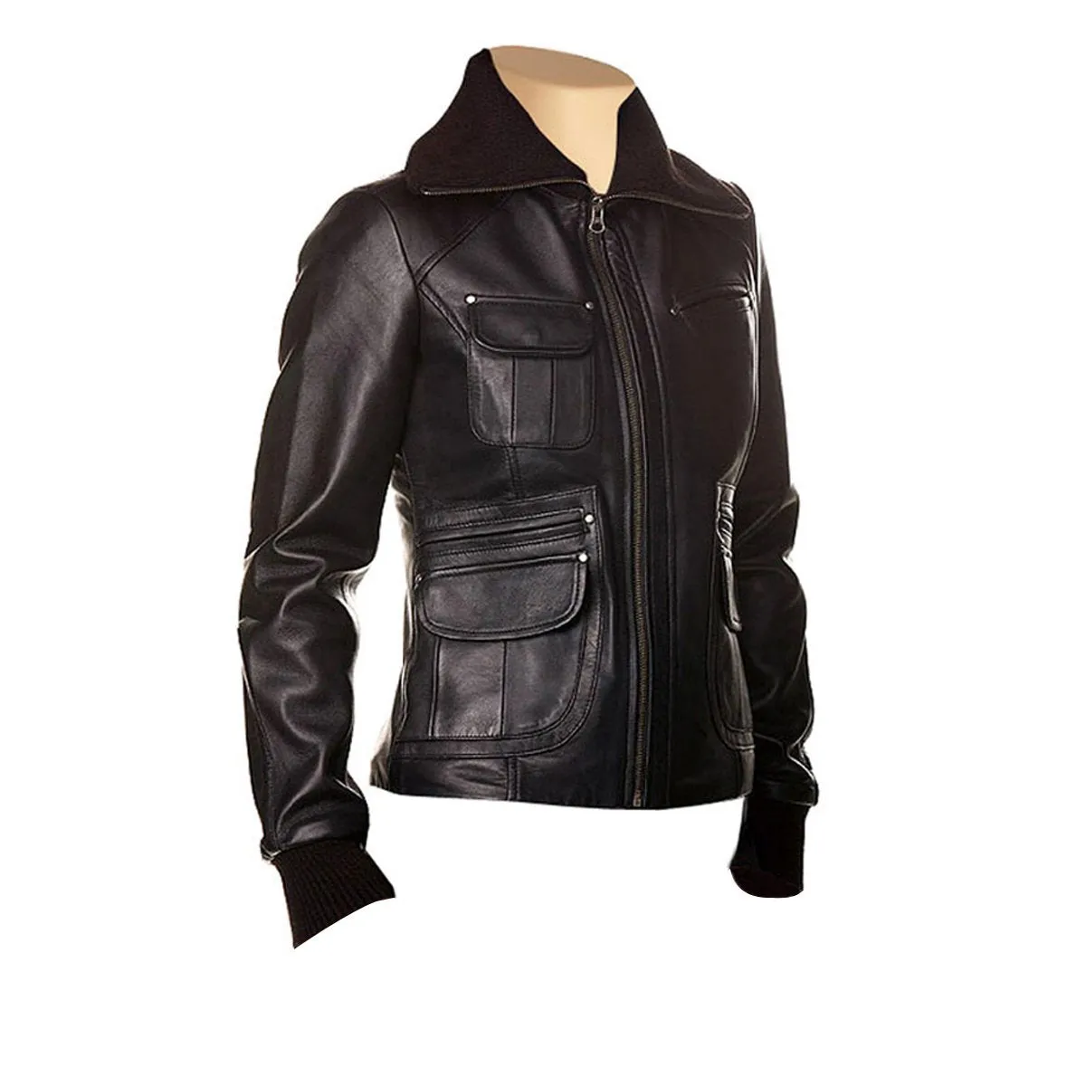 Women's Deborah Black Leather Jacket with 6 pockets