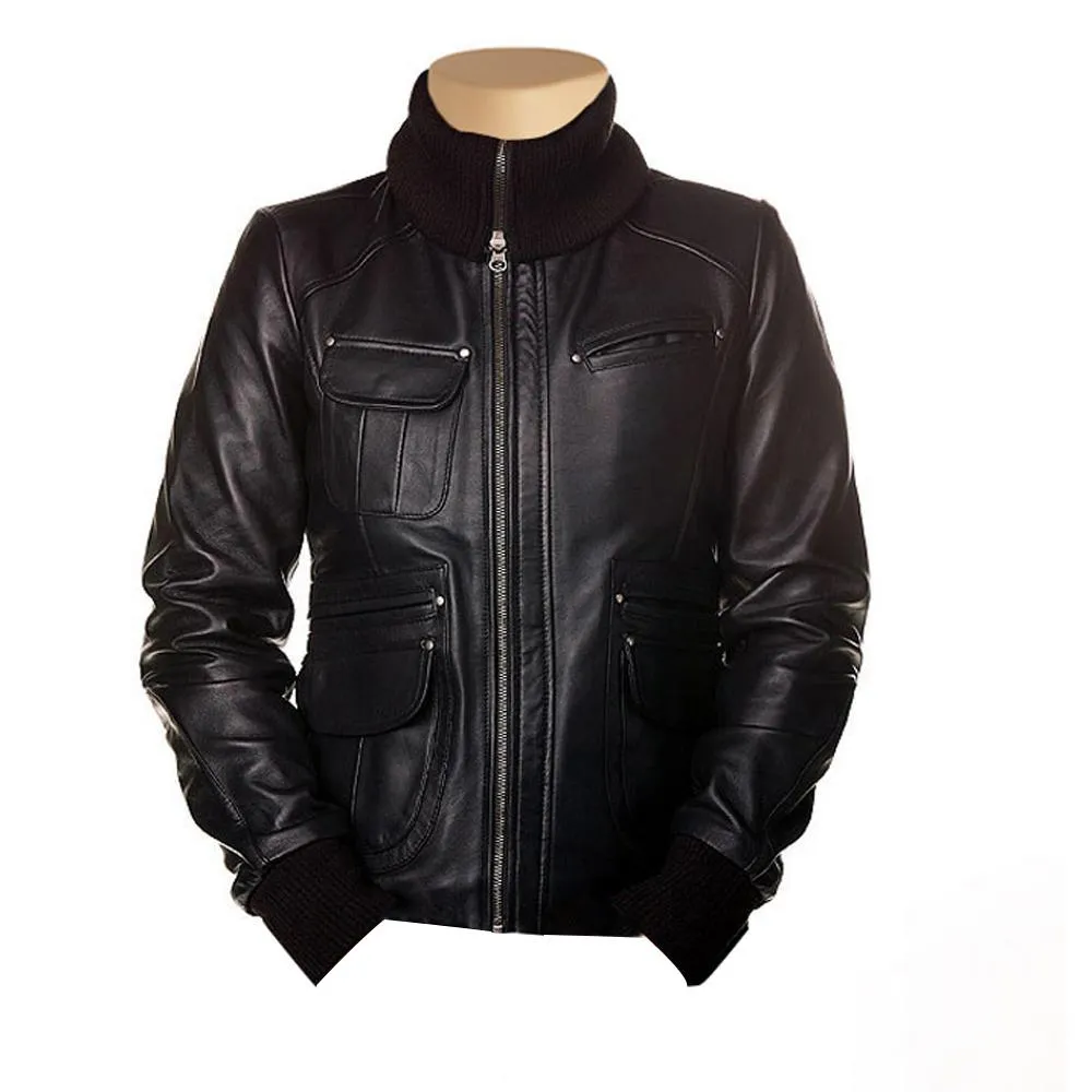 Women's Deborah Black Leather Jacket with 6 pockets