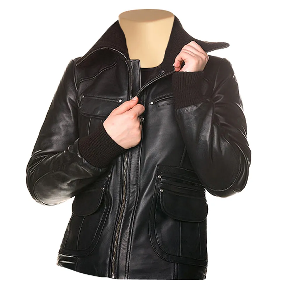 Women's Deborah Black Leather Jacket with 6 pockets