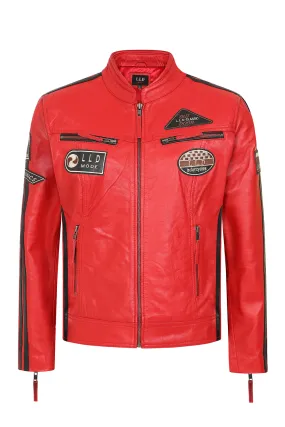 Women's Red Racing Style Leather Jacket with Black Stripes - FRANCIS