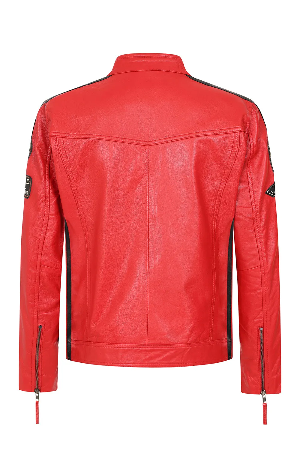 Women's Red Racing Style Leather Jacket with Black Stripes - FRANCIS