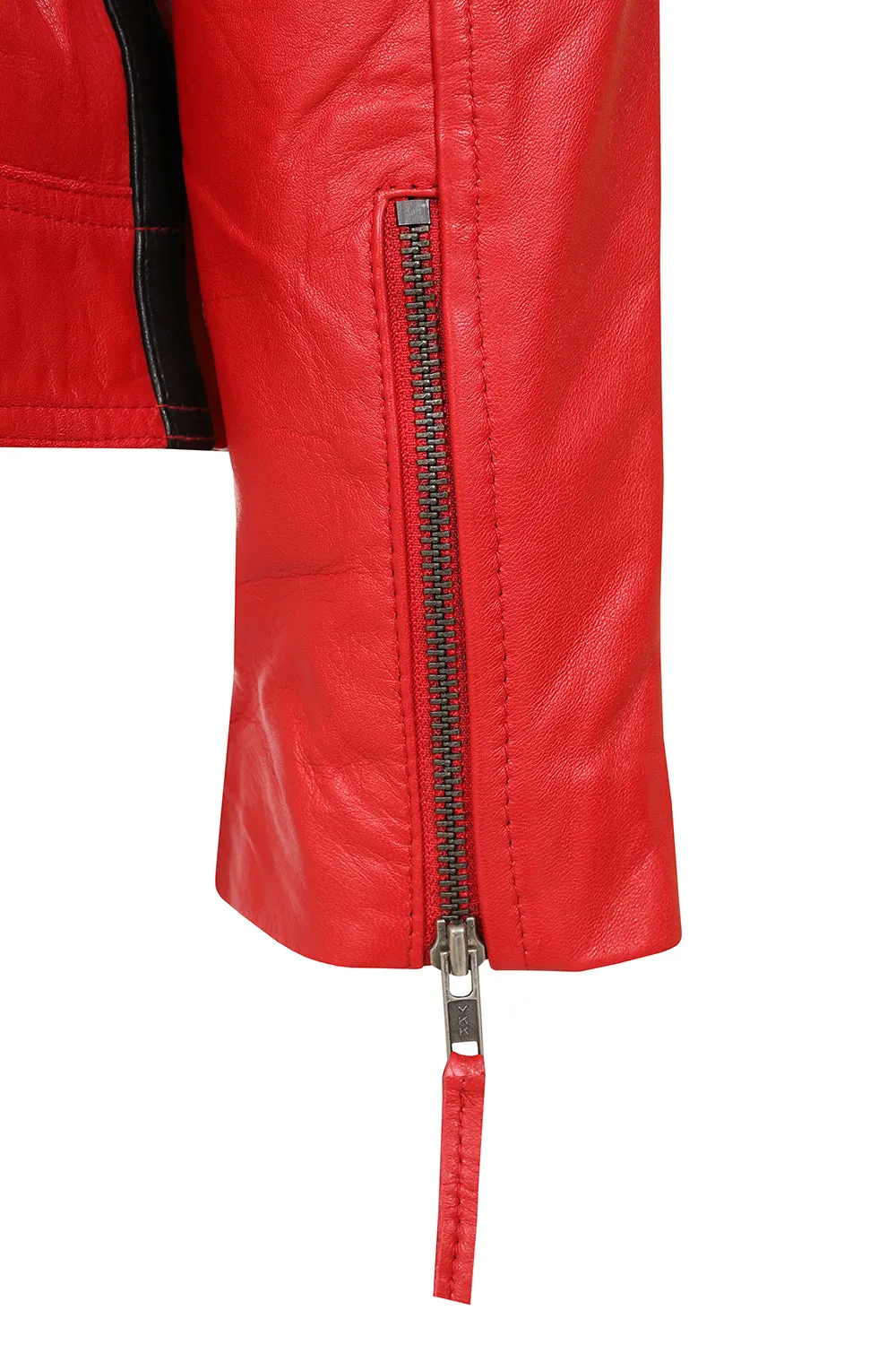 Women's Red Racing Style Leather Jacket with Black Stripes - FRANCIS